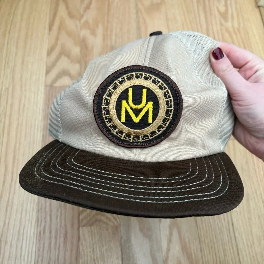 Vintage USA MADE UM Patch Trucker Hat Snapback Cap Brown Tan